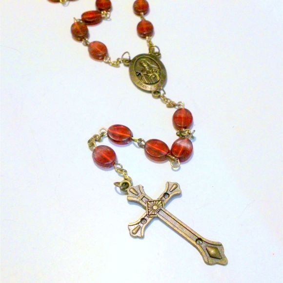 Vintage Red Bead and Brass Tone Saint Therese Rosary - Picture 4 of 5